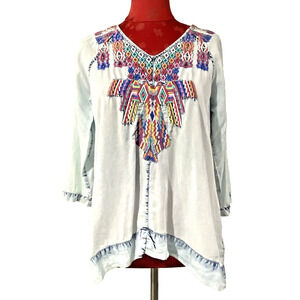 Soft Surroundings Work of Art Embroidered Blue Chambray Popover Blouse Top P/S